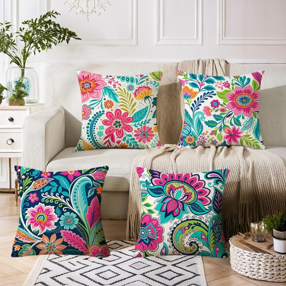 Set of 4, Floral Throw Pillow Covers 18x18 inch, Set of 4, Decorative Paisley Pattern, 100% Polyester with Hidden Zipper