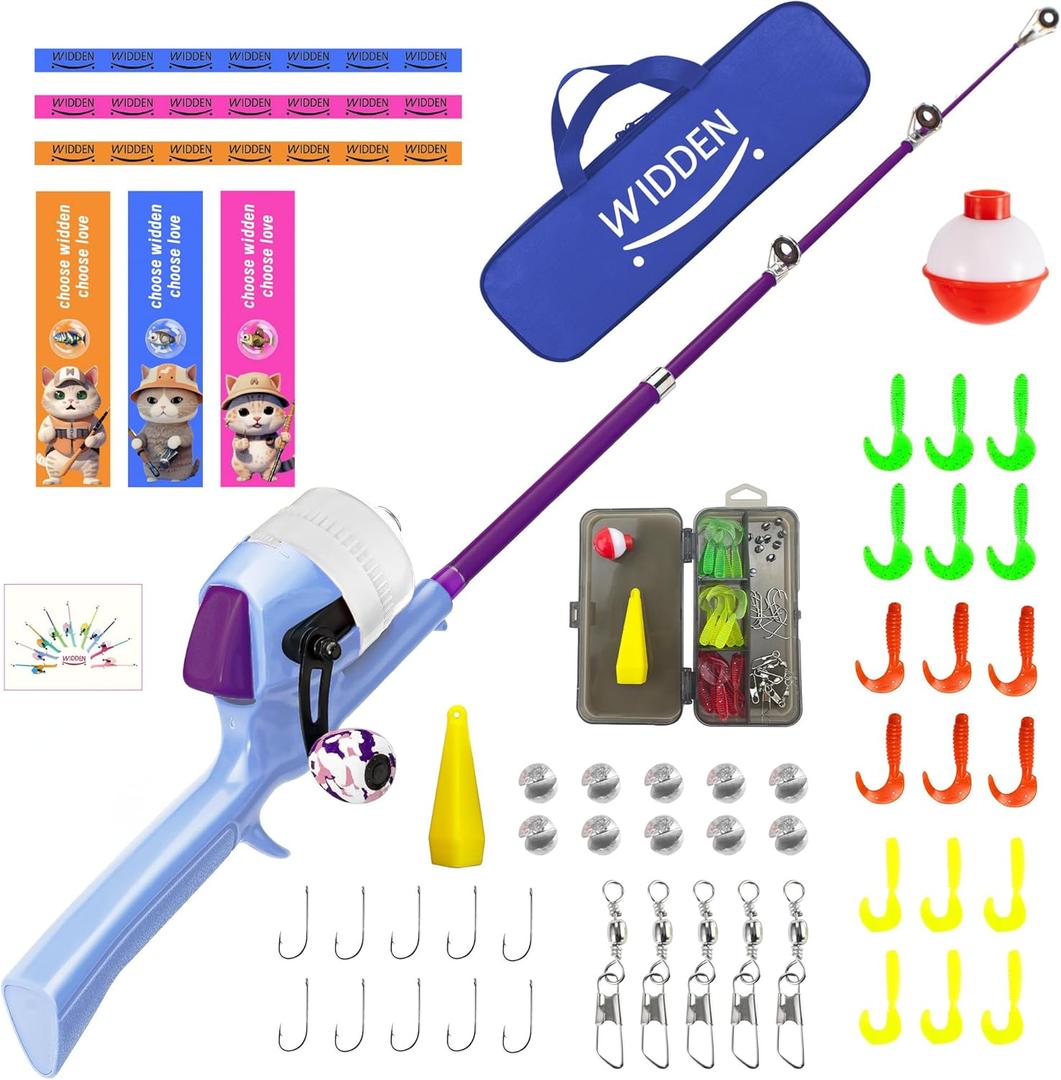 WIDDEN Kids Fishing Pole, Portable Telescopic Fishing Rod, Toddler Collapsible Fishing Rod and Reel Combo with Tackle Box for Boy, Girl, Youth, Beginner, Over 3 Years Old (Misty Blue & Magic Purple)