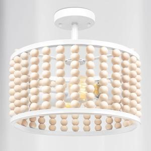 White Wood Beaded Boho Chandelier - Modern Nursery Ceiling Light Fixture, Beaded Semi Flush Mount Light, Farmhouse Lights for Bedroom Hallway Foyer Living Kids Room