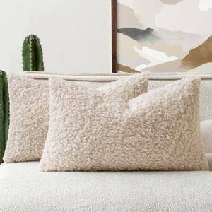 Faux Fur Throw Pillow Covers 20x12 Inch Set of 2 Boucle Neutral Decorative Lumbar Sherpa Fuzzy Accent Sheepskin Fleece Cushions Modern Home Decor for Couch Sofa Bed Livingroom,Beige
