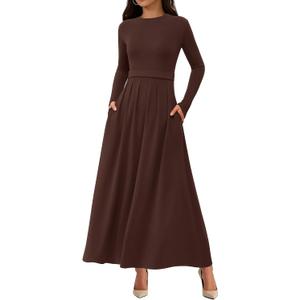 BTFBM Long Sleeve Dress for Women Spring Clothes 2026 Pockets Business Casual Pleated Fall Wedding Guest Dresses (M)