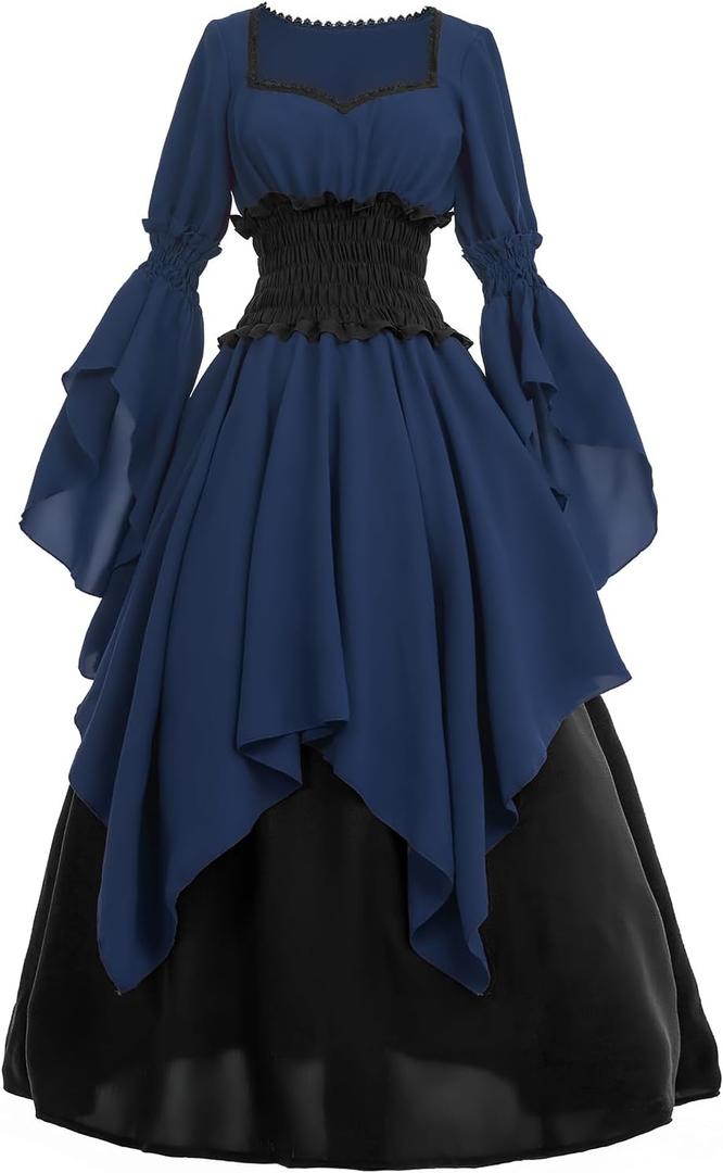 LTAKK Renaissance Dress Medieval Costume Victorian Dresses Women Peasant Gothic Fairy Witch Wedding Dress (Blue, S)