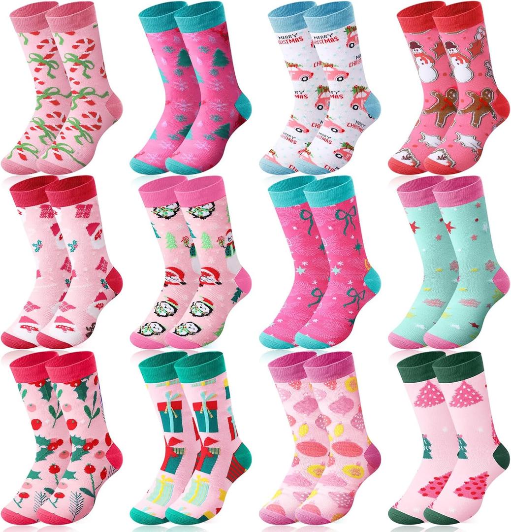 Ramede 12 Pairs Pink Christmas Socks for Women Bulk with Snowman Santa Xmas Crew Socks Holiday Gift for Stocking Stuffer Party Favors