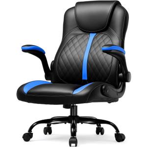 GTRACING Office Computer Gaming Chair Ergonomic Desk Chair for Adults with Lumbar Support Flip-Up Arms Adjustable Height Swivel Wheels PU Leather Executive Design for Short People Use, Blue