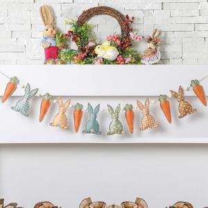 Cinnvoice Felt Rustic Easter Bunny Rabbit Banner Rabbit Beads Garland Vintage Farmhouse Spring Easter Garland Decorations Hanging Celebration Decoration for Home Party Supplies