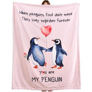 JANZAA My Penguin Love Blanket - Pink Throw Wedding Anniversary Blanket for Men Women Boyfriend Couple - Romantic I Love You Gifts for Him/Her Birthday, Wedding, Valentines, Mothers Day 50'' x 60''