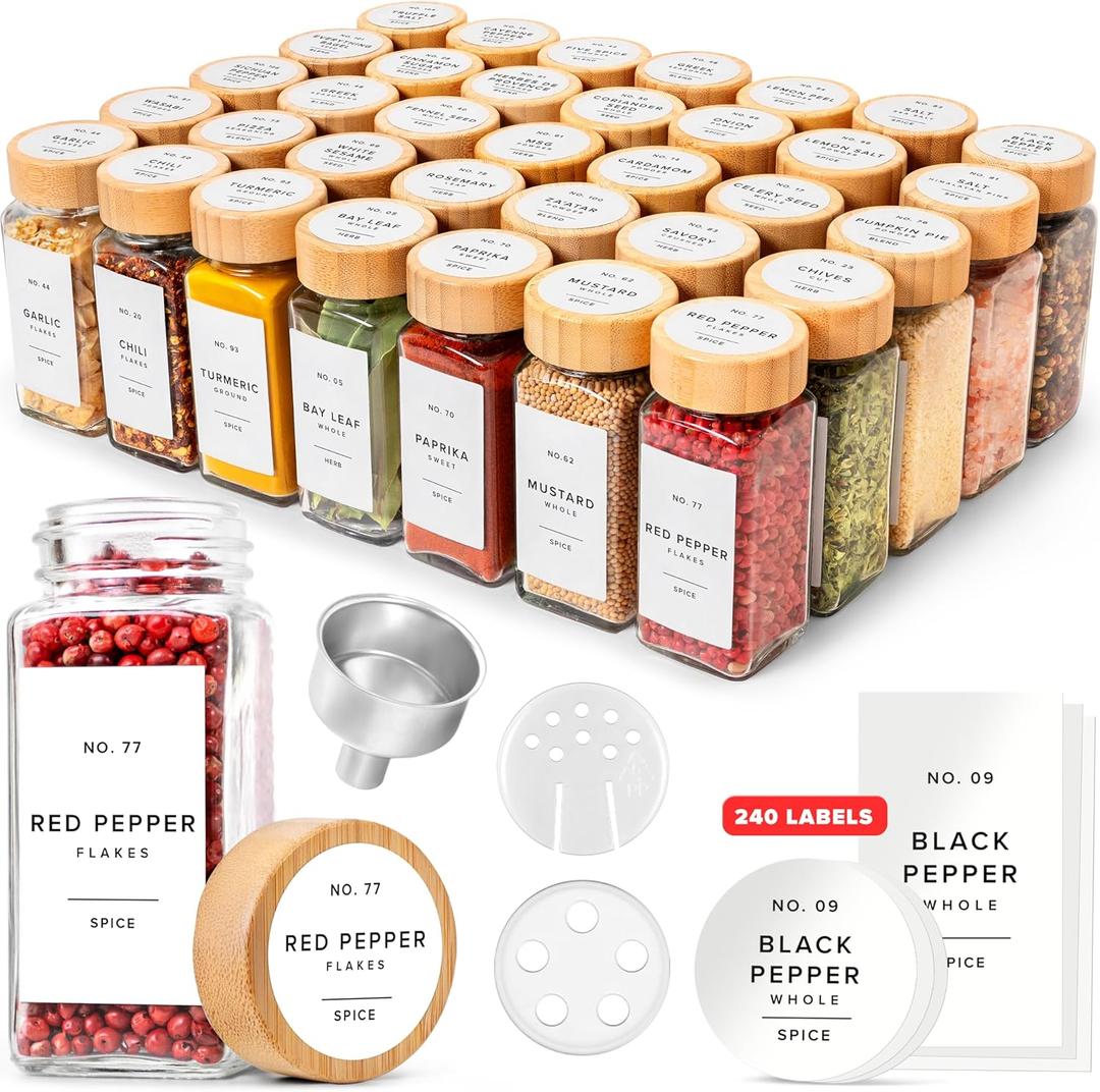 EDELHAUS® Square Spice Jars with Bamboo Wooden Lid (Pack of 36) Spice Jars with Shaker Insert and 240 Labels - Bamboo Lid Glass Container for Spice Organisation [4.3 in × 1.8 in]