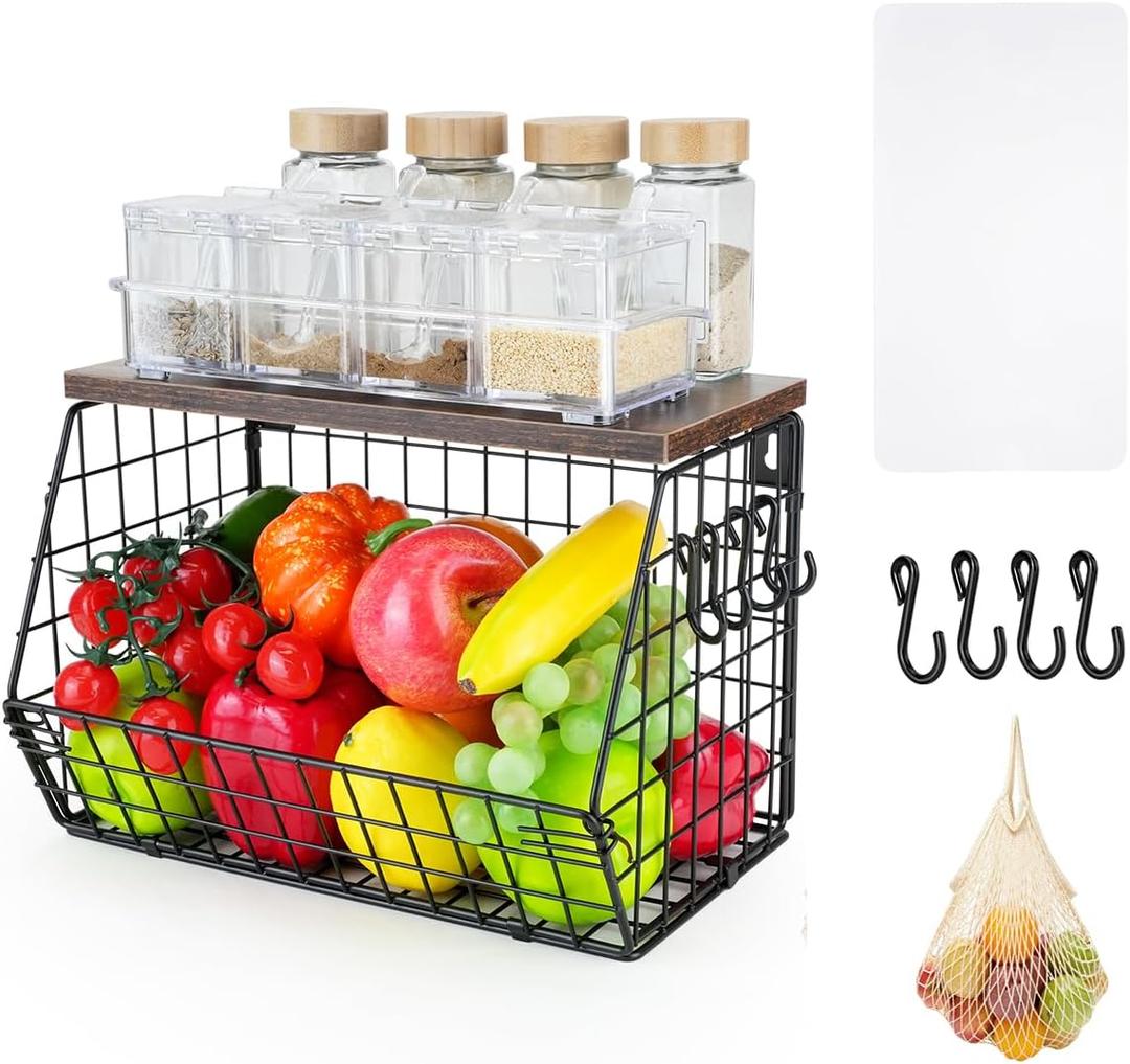 Hanging Fruit Basket, Metal Fruit Bowl with Lid for Counter Wall-Mounted, Stackable Black Vegetable Rack with Mesh Bag, Storage Organizer with Banana Hanger for Kitchens, Pantry, Snack (1PCS)