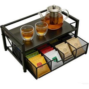 Tea Bag Organizer With Adjustable Drawer, Teabag Bar Holder Organizer For Counter, Wood Metal Station Storage Chest Display, Coffee Packet Containers Box For Countertop Kitchen Office Black