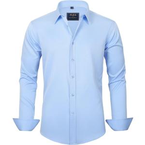 J.VER Men's Dress Shirts Solid Long Sleeve Stretch Wrinkle-Free Formal Shirt Business Casual Button Down Shirts (Blue, XXL)