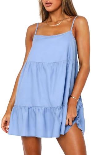 OZICERD Flowy Short Sundress Mini Babydoll Dresses for Women Going Out Tiered Ruffle Beach Spaghetti Strap Swing Dress Cute S