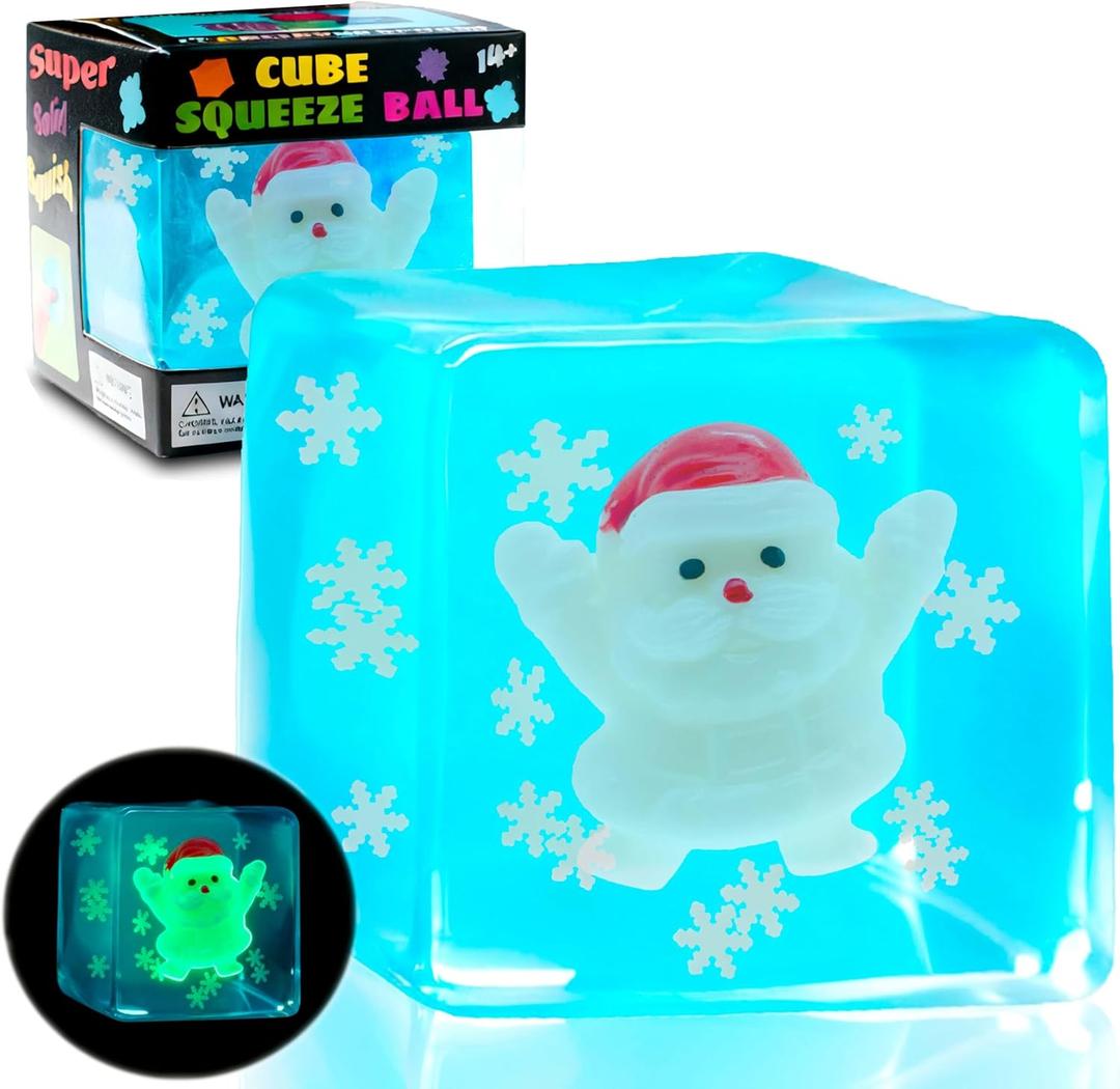 Christmas Santa Claus Squishy Fidget Toy, Squishy Cube with Santa Claus & Snowflake Design, Tactile Anxiety Relief Desk Fidget for Adults, Glow in The Dark, Festive Holiday Stocking Stuffer Gift