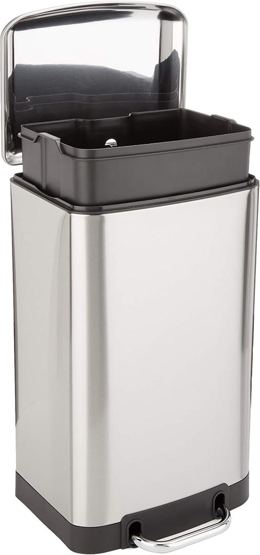 Amazon Basics Rectangular Small Trash Can with Soft-Close Step Pedal, Removable Inner Bucket, Hands-Free, Space-Saving, Smudge Resistant, 20l / 5.3 gallon, Nickel