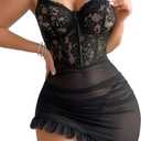 Foxiny Sexy Corset Bodycon Ruffle Sheer Underwire Mesh Lace Floral Outfits Babydoll Lingerie Set Dress with Thong 2 Piece (Black, XL)