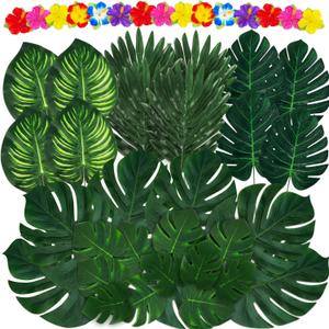 Moon Boat 120PCS Tropical Palm Leaves Plants Hibiscus Artificial-105Pcs 7 Kinds Green Fake Leaf+15pcs Flowers, Hawaiian/Luau/Safari Jungle Party Table Decorations