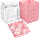 Ocmoiy Pink Charcuterie Boxes with Clear Lids 4x4 Inch, 100 Pack Square Kraft Bakery Cake Slice Boxes with Window, Dessert To Go Containers (100)
