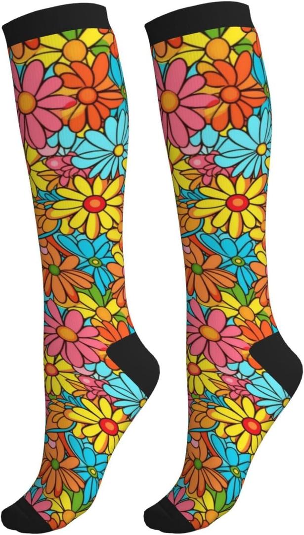 Duck Compression Socks Women and Men 15-20mmHg-Circulation Support Socks for Athletic Running Cycling (One Size, Hippie Flower)