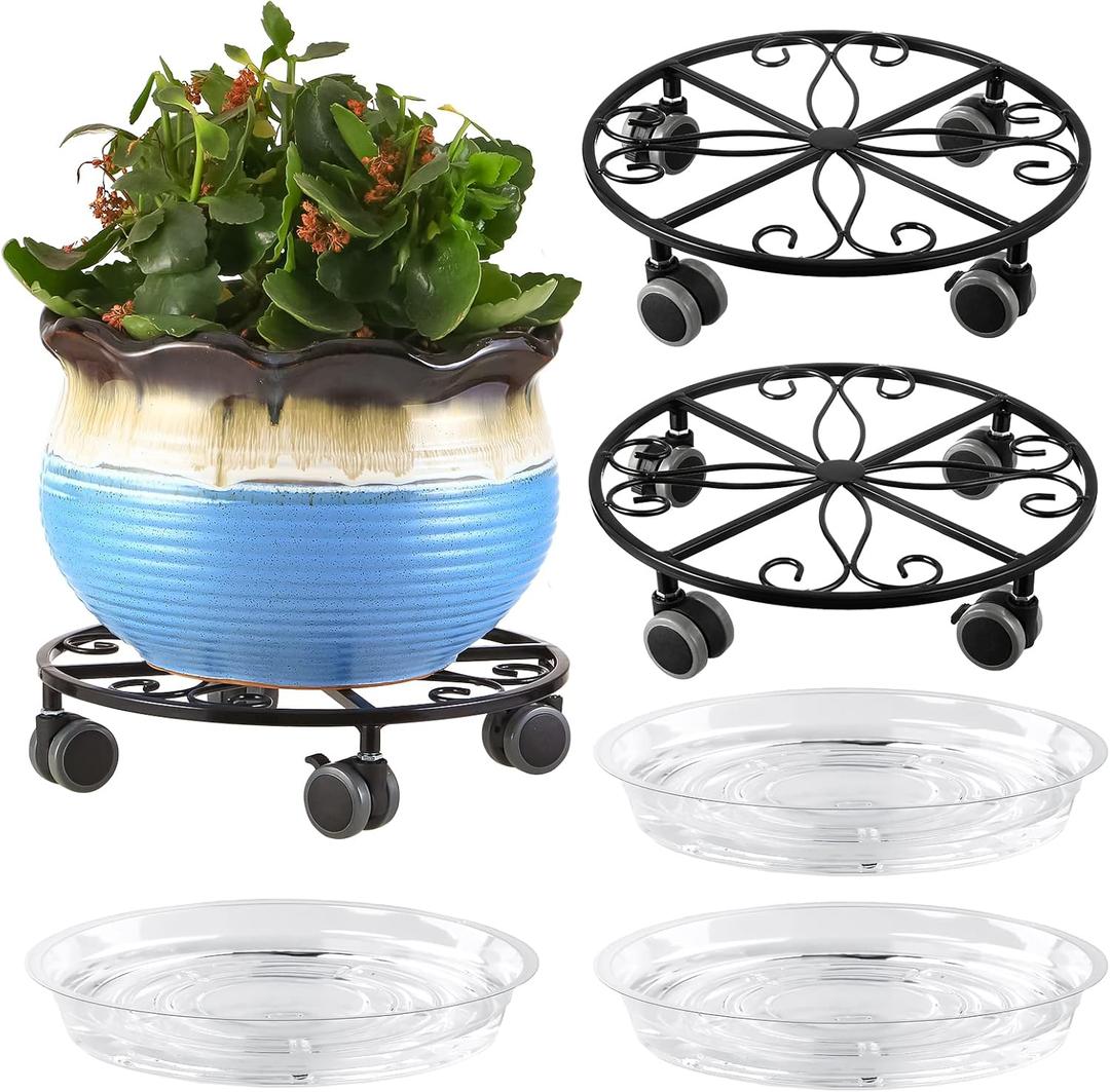 3 Pack Plant Caddy with Wheels Heavy Duty 11.8 Inches Metal Plant Stand with Wheels Plant Dolly Rolling Plant Stand Plant Roller with Casters for Indoor and Outdoor (3, Black)