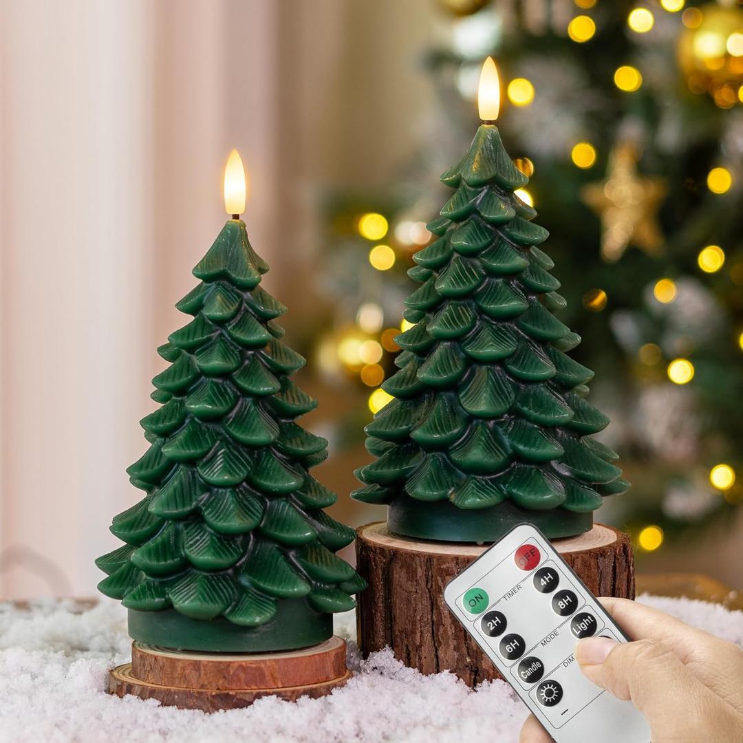 AFINETH Christmas Tree Candles with Remote, 2 Pack Green Flameless Candles Battery Operated, Real Wax Flickering Christmas Led Candle Decorations for Winter Home Holiday Xmas Gift