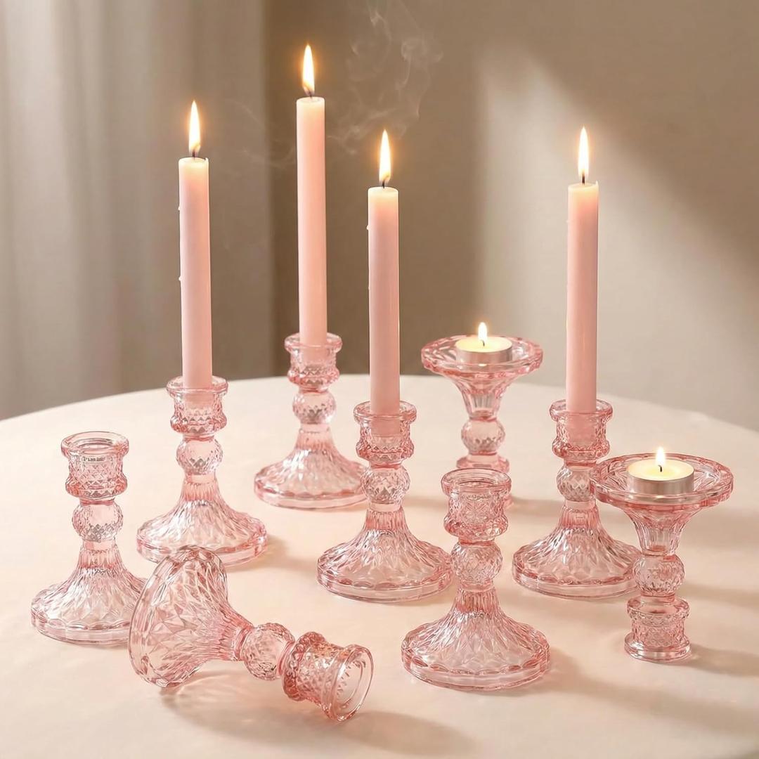 Glass Candle Holder Set of 12, Pink Taper Candle Holders Bulk, Vintage Candlestick Holders, Candle Stick Holder for Table Centerpieces, Wedding & Mother's Day