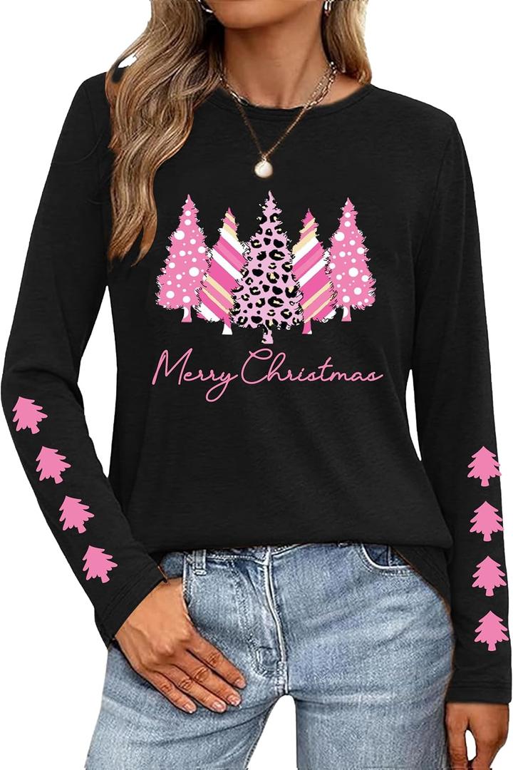 Christmas Shirts for Women Merry Christmas Letter Long Sleeve Print Pullover Xmas Tree Graphic Tshirt Winter Casual Top (Small, Black)