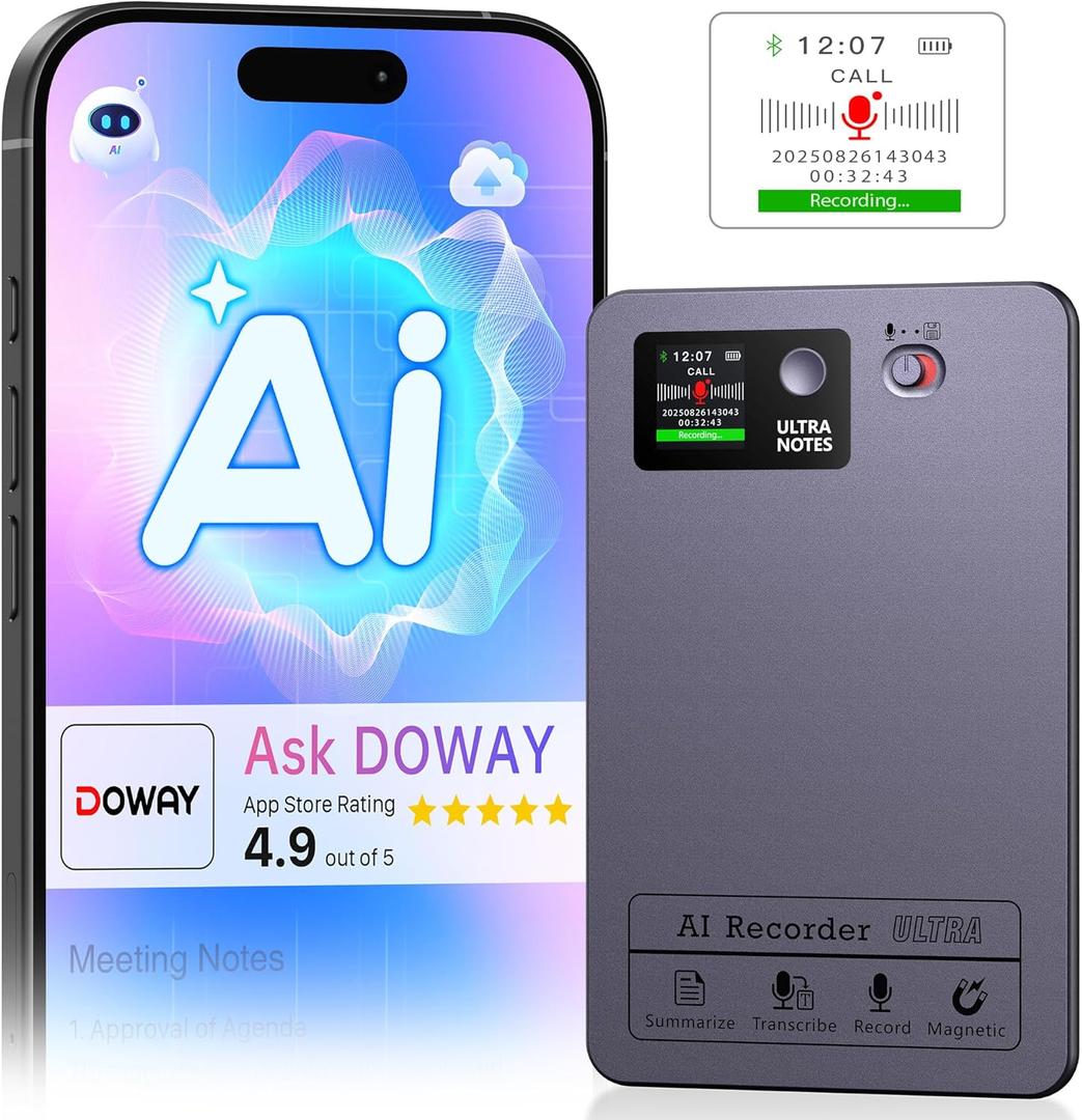 AI Note Voice Recorder: Transcribe, Summarize & Text Translation, 152 Languages, AI Noise Cancellation, 64GB, APP Control, One-Step Magnetic Attachment, Long-Lasting Battery  Meeting, Call, Lecture