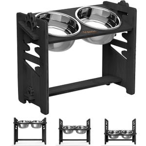 Vantic Elevated Dog Bowls, Adjustable Raised Dog Bowl Stand for Large and XLarge Pet, Sturdy Bamboo Food Feeder with 2 Stainless Steel Dishes, Black