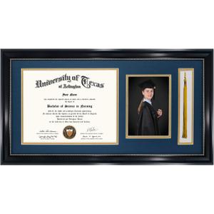 GraduationMall 11x22 Black Diploma Frame with Tassel Holder and Picture for 8.5x11 Certificate 5x7 Photo,Real Glass,Navy over Gold Mat
