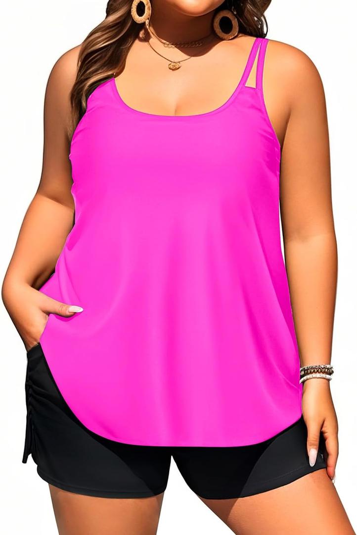 Plus Size Tankini Swimsuits - Women Two Piece Tankini Top with Shorts Flowy Swimsuit 2025 Bathing Suits (Hot Pink) L