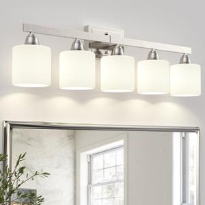 VOLISUN 5-Light Bathroom Light Fixtures, Brushed Nickel Bathroom Vanity Light Over Mirror, Modern Vanity Light for Bathroom with Milky White Frosted Glass Shades (Bulbs Excluded)