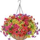 Artificial Flowers Hanging Plants in Basket,Artificial Hanging Flowers for Outdoor Indoor Decor,UV Resistant Hanging Baskets with Fake Flowers for Patio Garden Porch Deck Decoration (1PCS, Multi Color)