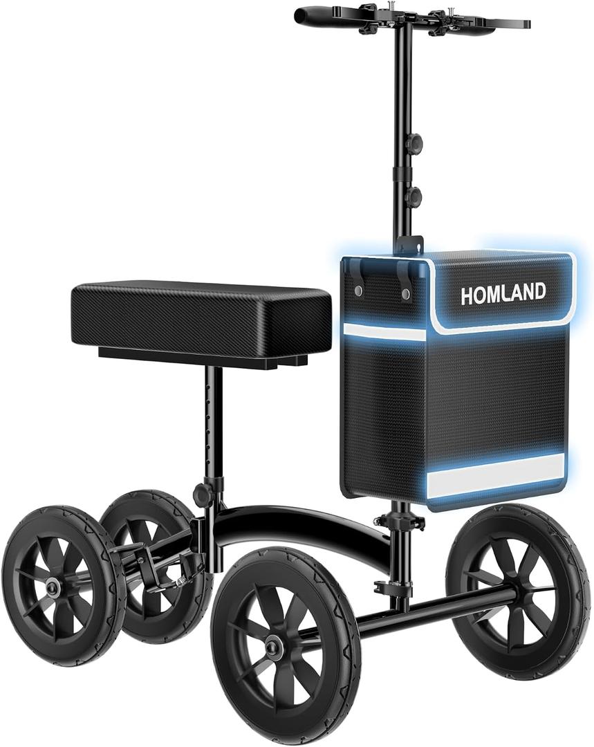 HOMLAND Knee Scooter Walker for Adults for Foot Injuries, 8'' Rubber Wheel | 300lbs Foldable Leg Scooter, Dual Brake, Cozy Knee Pad, Adjustable Height, Storage Bag, Crutch Alternative for Ankle Recovery