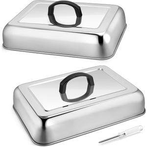 2Pcs Basting Cover Melting Dome for Griddle (13 x 9.8"), Joyfair Rectangular Stainless Steel Cheese Melt Lid for Outdoor Flat Top Grill, Heat-Resistant Handle & Dishwasher Safe (No Vent)