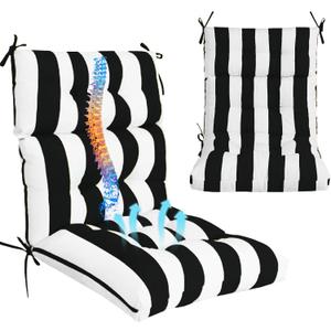Outdoor High Back Chair Cushions 2-Pack, 44"x22"x 4" Fade-Resistant Waterproof Tufted Pads with Ties for Patio Rocking & Adirondack Chairs (Black White)