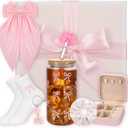 Honeydak 9 Pcs Pink Coquette Bow Gift Set with 16 oz Aesthetic Pink Glass Cup, Jewelry Box, Socks, Hairband, Keychain, Gift Box, Bow Knot Coquette Stuff Presents for Girls Women Sister Friend