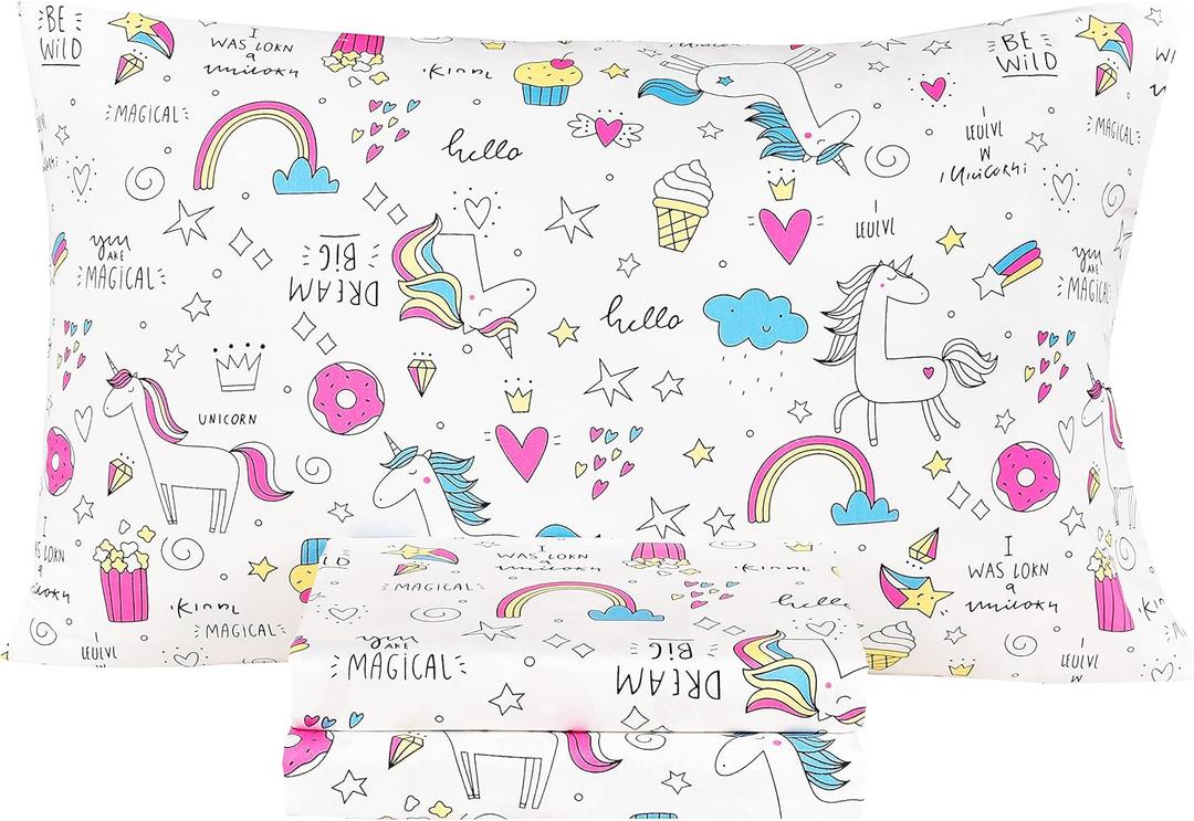 Scientific Sleep Unicorn Like Doughnut Rainbow Cake Popcorn 100% Cotton Cozy Twin Bed Sheet Set, Flat Sheet & Fitted Sheet & Pillowcase Kids Boys Girls Bedding Set