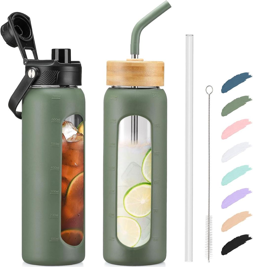 Kodrine Water Bottle with Straw, 24 oz Glass water Bottle with 2 Lids Bamboo Straw Lid and Spout Lid with Handle, 32 oz Clear Water Bottle Glass for Sports Travel, Waterbottle with Time Marker (Olive)
