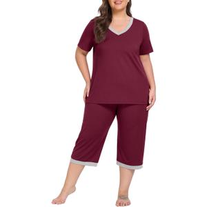OLRIK Women's Capri Pajama Sets Plus Size Cute Floral Pjs Short Sleeve Tops and Pants Lounge Sets with Pockets (4X, CWine Red)
