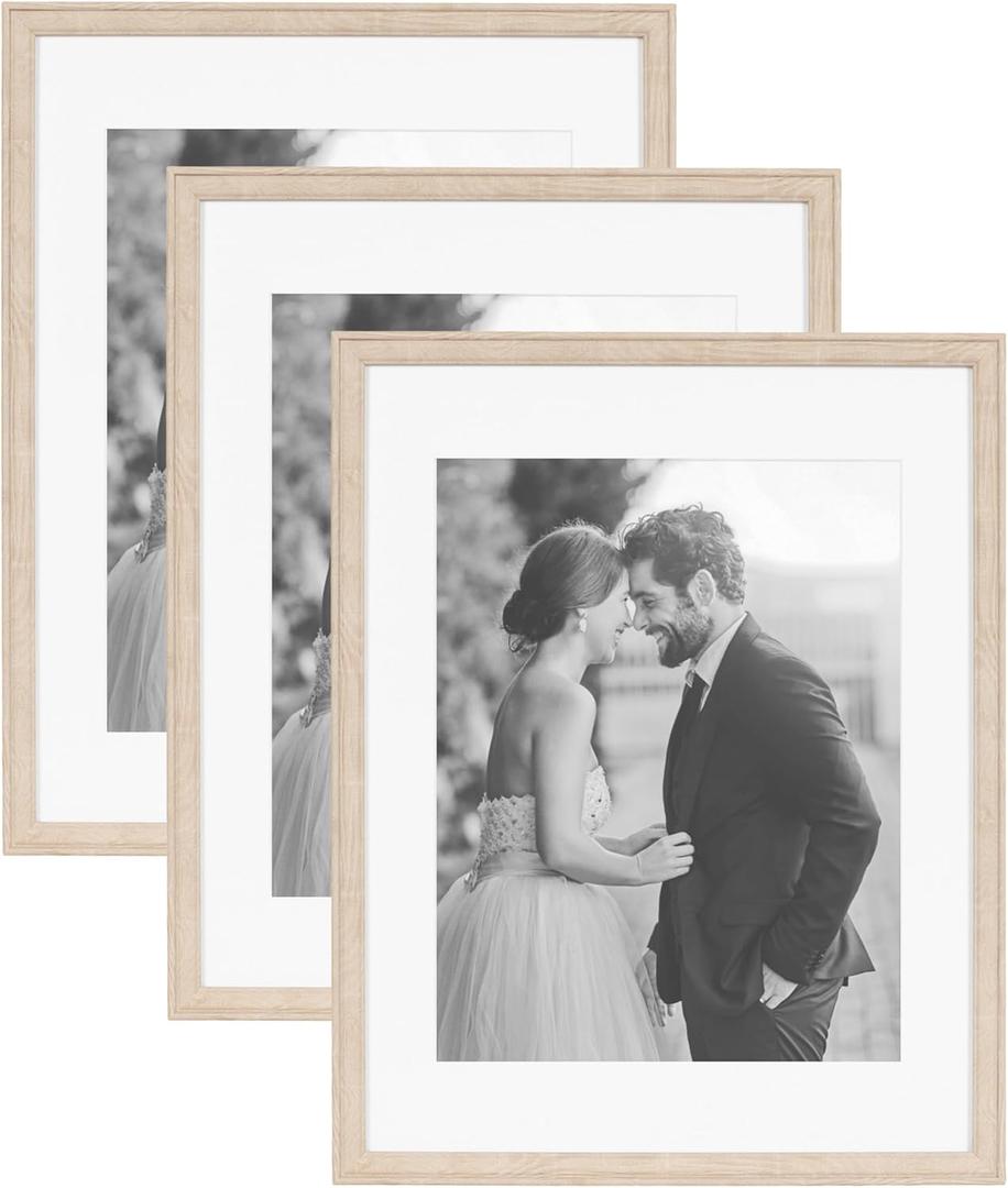 Kate and Laurel Adlynn Rectangle Picture Frame Set of 3; 14 x 18 matted to 11 x 14; Natural; Transitional Three-Piece Frame Set for Gallery Wall Frame Set in Living Room Wall Decor