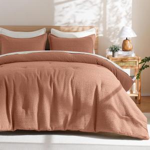 PHF Soft Waffle Comforter Set King Size- Comfy Breathable Waffle Weave Comforter with 2 Pillow Shams, 3 Pieces Less Snagging Lightweight Textured Bedding Set for All Season, Terracotta