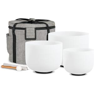 Set of 3 PCS 440HZ 6" A Note 8" F Note and 10" C Note Frosted Chakra Quartz Crystal Singing Bowl with Carry Case Bag for Sound Healing Meditation