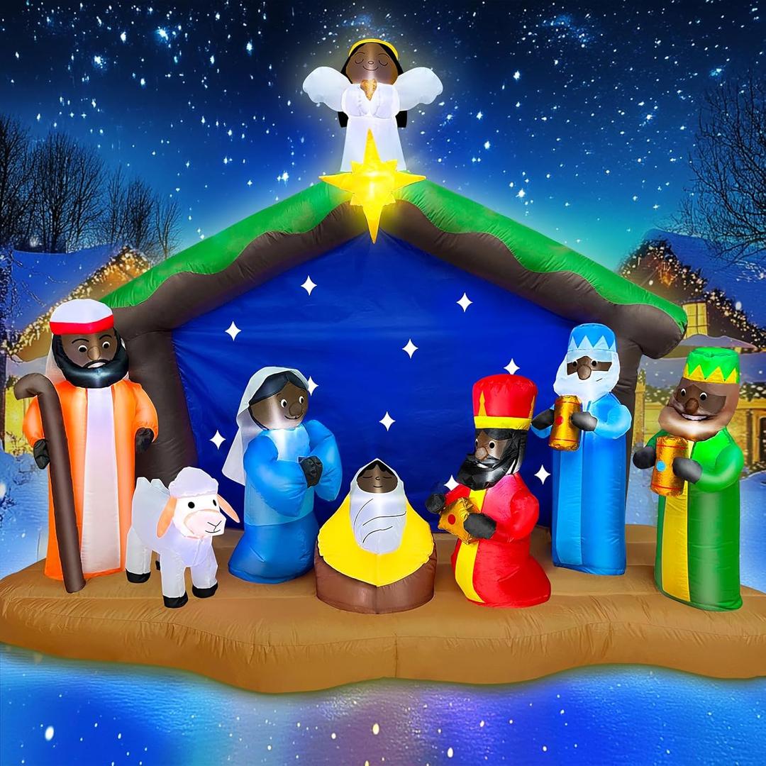 Black Santa Christmas Decorations, 8 Ft Long African American Christmas Inflatable Black Nativity Scene Outdoor Decoration, Blow Up The Birth of Jesus Set with Angel Built-in LEDs Xmas Yard Decor