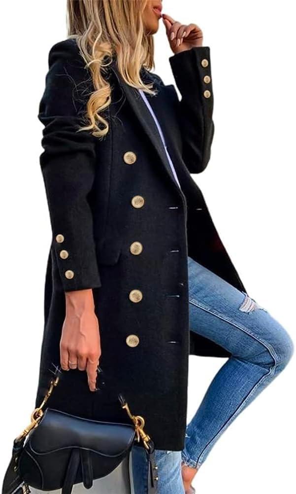 IDEALSANXUN Womens Fall Winter Wool Coats Double Breasted Midi Peacoat Trench Coats (Medium, Black 01)