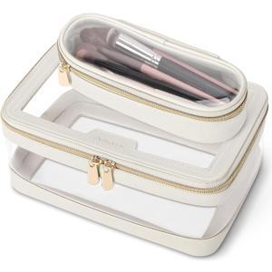 Travel Clear Makeup Bag with Makeup Brush Bag, Leather Make up Case Toiletry Bag, Portable Cosmetic Bag Case, Transparent Waterproof Cosmetic Organizer Storage Bag for Women, Off-White