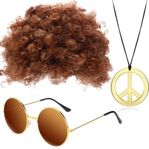Gejoy 3 Pcs Disco Costume Accessories for Men Funky 70s Afro Wig Sunglasses Peace Sign Necklace Brown Afro Wig for 50/60/70s Hippie Theme Party