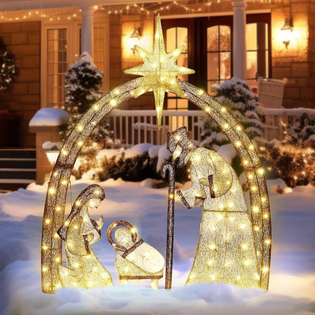ATDAWN 4.5FT Christmas Outdoor Decorations, Lighted Outdoor Nativity Set with 115 LED Lights, Holy Family Nativity Scene for Christmas Holiday Lawn Garden Yard Decoration, Brown & Gold