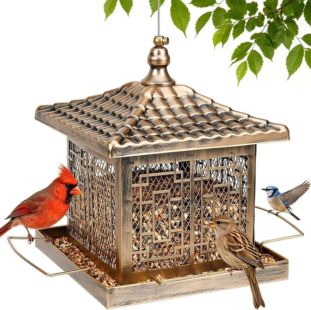 Metal Bird Feeder for Outdoors, 8.6LB Large Capacity Wild Bird Feeders Hanging for Outside, Rustproof Weatherproof with 4 Perches, Attract Cardinals Bluebirds Finches Chickadees Garden Decor