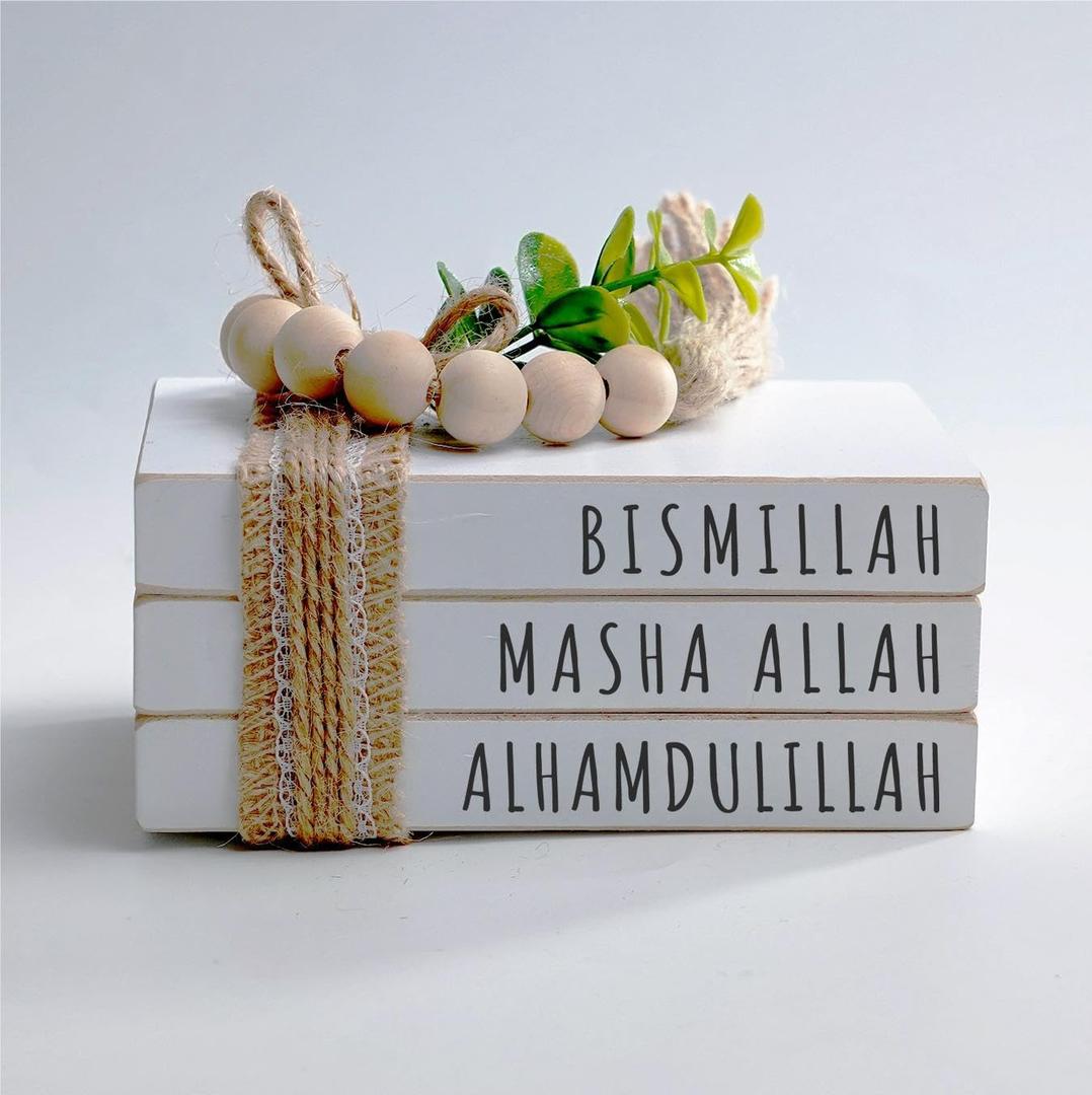 Dazingart Islamic Wooden Book Stack, Bismillah MashaAllah Alhamdulillah, Farmhouse Eid Ramadan Tiered Tray Decor, White Mini Stacked Books with Wood Bead Tassels