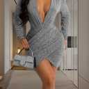 FairBeauty Women's Sexy Sparkly V Neck Long Sleeve Ruched Metallic Bodycon Club Mini Dresses (Medium)