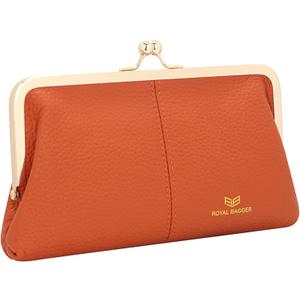 Royal Bagger RFID Kiss Lock Wallet, Solid Color Multi-card Slots Card Holder, Genuine Leather Clutch Purses for Women 1468 (Orange)